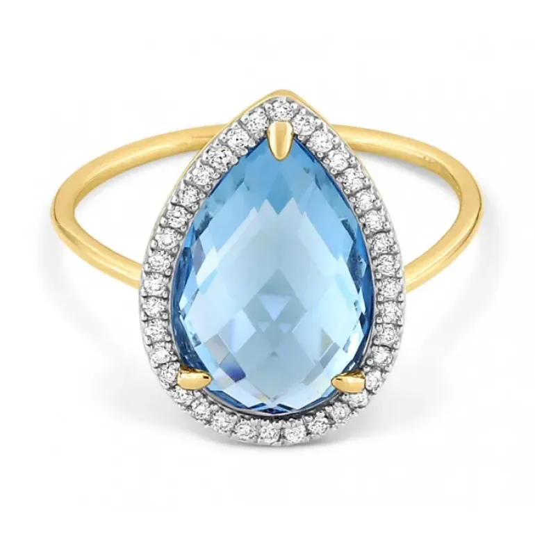 BAGUE ALMA TOPAZE SWISS BLUE ET DIAMANTS OR JAUNE