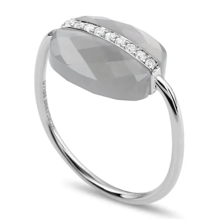 BAGUE AURORE PIERRE DE LUNE GRISE ET DIAMANTS OR BLANC