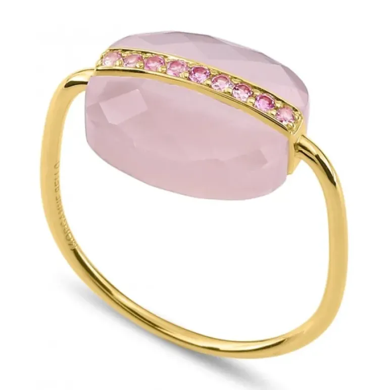 BAGUE AURORE QUARTZ ROSE MILKY ET SAPHIRS ROSES OR JAUNE