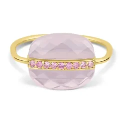 BAGUE AURORE QUARTZ ROSE MILKY ET SAPHIRS ROSES OR JAUNE