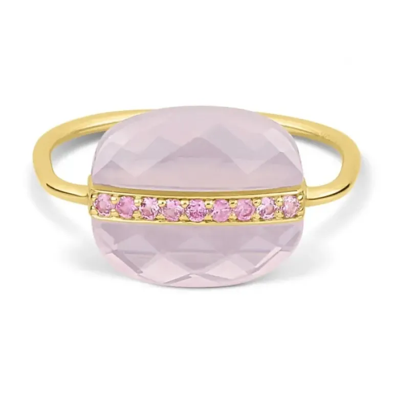 BAGUE AURORE QUARTZ ROSE MILKY ET SAPHIRS ROSES OR JAUNE