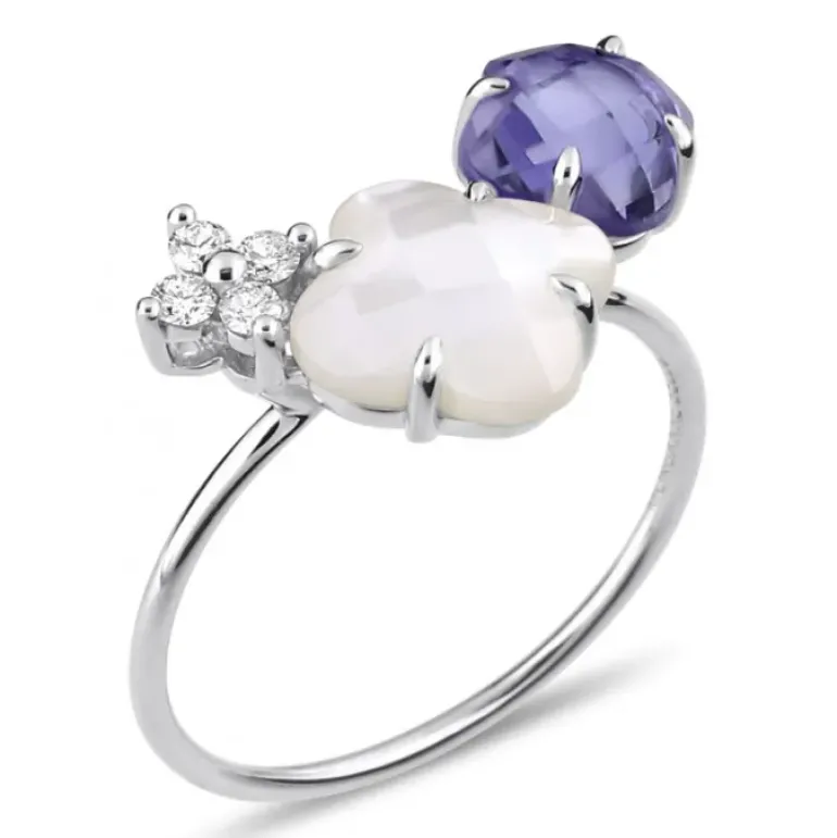 BAGUE BOUQUET NACRE BLANCHE ET IOLITE + DIAMANTS OR BLANC