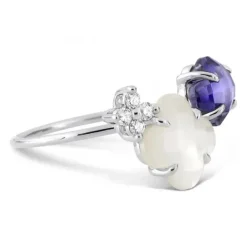 BAGUE BOUQUET NACRE BLANCHE ET IOLITE + DIAMANTS OR BLANC