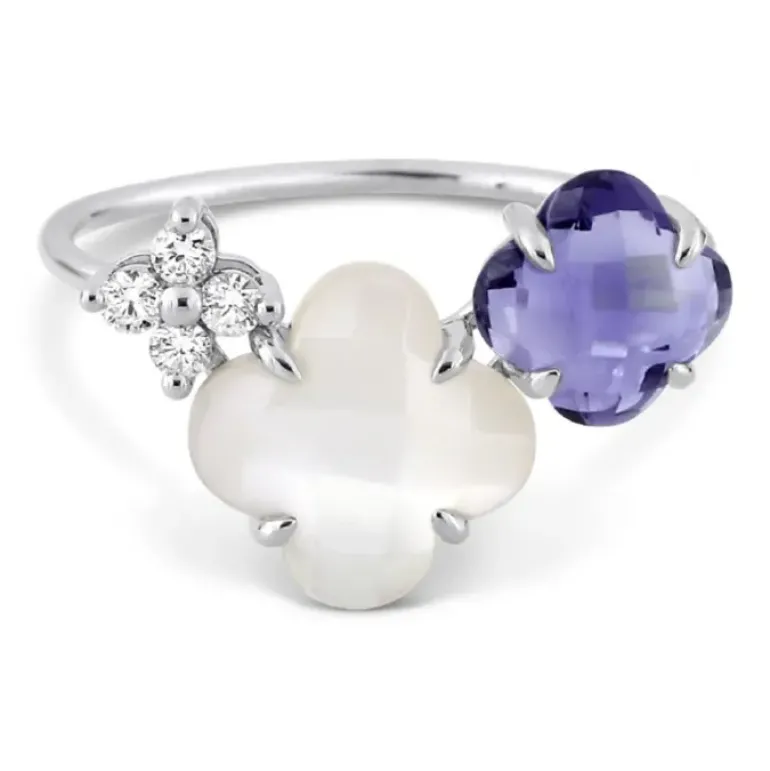 BAGUE BOUQUET NACRE BLANCHE ET IOLITE + DIAMANTS OR BLANC