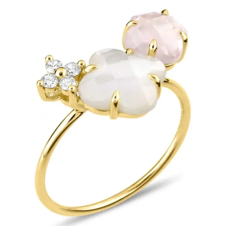 BAGUE BOUQUET NACRE BLANCHE ET QUARTZ ROSE + DIAMANTS OR JAUNE