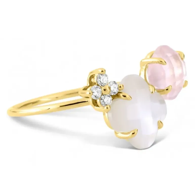 BAGUE BOUQUET NACRE BLANCHE ET QUARTZ ROSE + DIAMANTS OR JAUNE