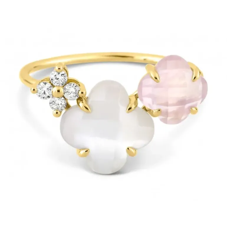 BAGUE BOUQUET NACRE BLANCHE ET QUARTZ ROSE + DIAMANTS OR JAUNE