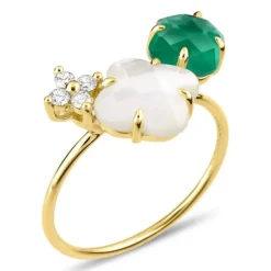 BAGUE BOUQUET NACRE BLANCHE ET AGATE VERTE + DIAMANTS OR JAUNE