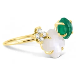 BAGUE BOUQUET NACRE BLANCHE ET AGATE VERTE + DIAMANTS OR JAUNE