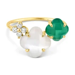 BAGUE BOUQUET NACRE BLANCHE ET AGATE VERTE + DIAMANTS OR JAUNE