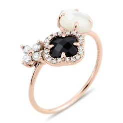 BAGUE BOUQUET ONYX & DIAMANTS ET NACRE BLANCHE + DIAMANTS OR ROSE
