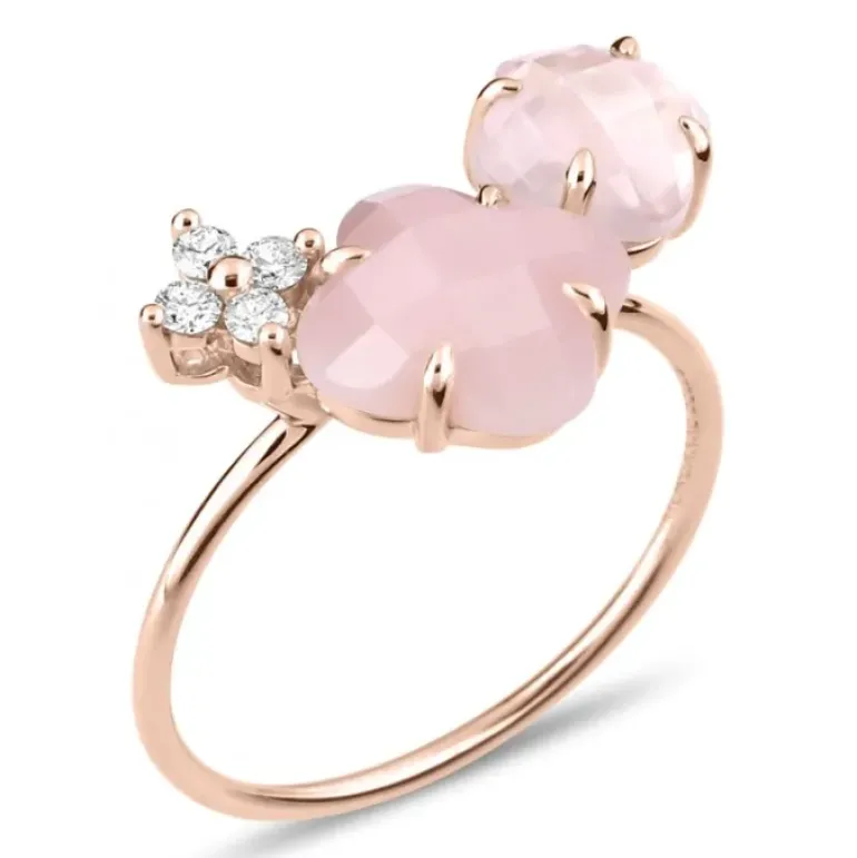 BAGUE BOUQUET OPALE ET QUARTZ ROSE + DIAMANTS OR ROSE