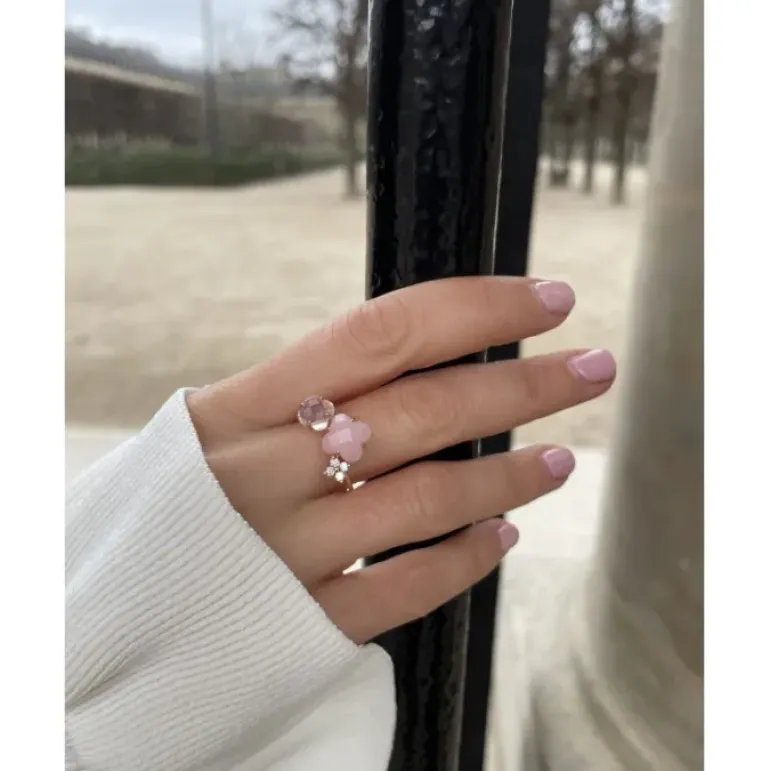 BAGUE BOUQUET OPALE ET QUARTZ ROSE + DIAMANTS OR ROSE