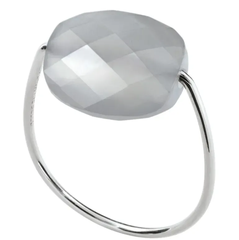 BAGUE OR BLANC COUSSIN PIERRE DE LUNE GRISE