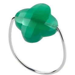 BAGUE OR BLANC TREFLE AGATE VERTE
