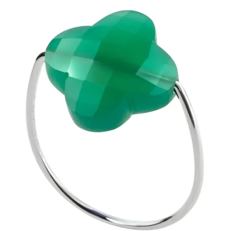 BAGUE OR BLANC TREFLE AGATE VERTE