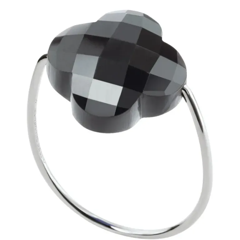 BAGUE OR BLANC TREFLE HEMATITE