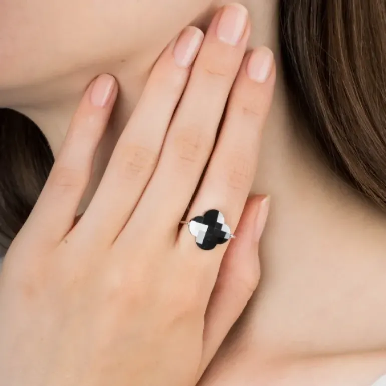 BAGUE OR BLANC TREFLE HEMATITE