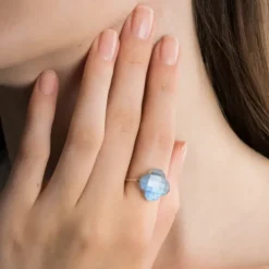 BAGUE OR BLANC TREFLE LABRADORITE