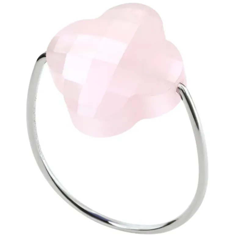 BAGUE OR BLANC TREFLE QUARTZ ROSE POUDRE