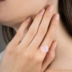 BAGUE OR BLANC TREFLE QUARTZ ROSE POUDRE