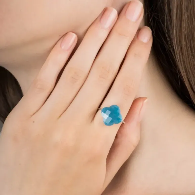 BAGUE OR BLANC TRÈFLE QUARTZ BLEU