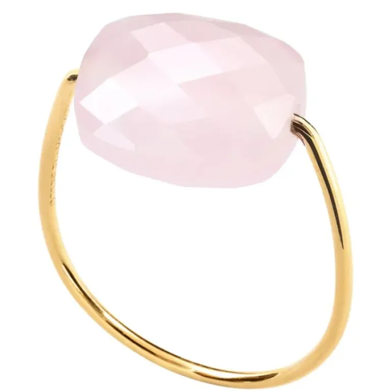 BAGUE OR JAUNE COUSSIN QUARTZ ROSE POUDRE