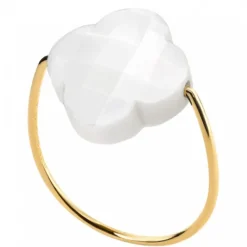BAGUE OR JAUNE TREFLE AGATE BLANCHE