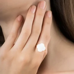 BAGUE OR JAUNE TREFLE AGATE BLANCHE