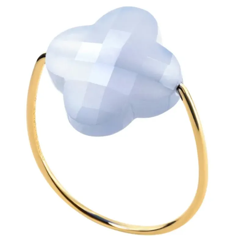 BAGUE OR JAUNE TREFLE AGATE BLEUE DENTELLE