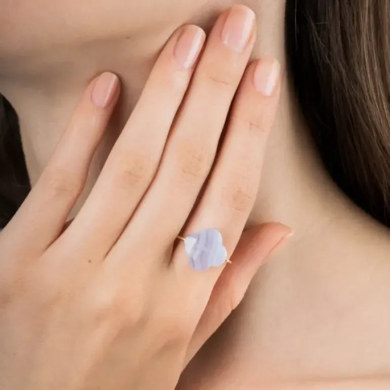 BAGUE OR JAUNE TREFLE AGATE BLEUE DENTELLE
