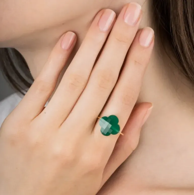 BAGUE OR JAUNE TREFLE AGATE VERTE