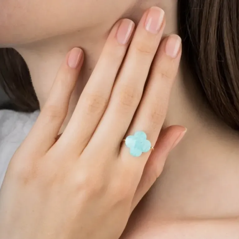 BAGUE OR JAUNE TREFLE AMAZONITE