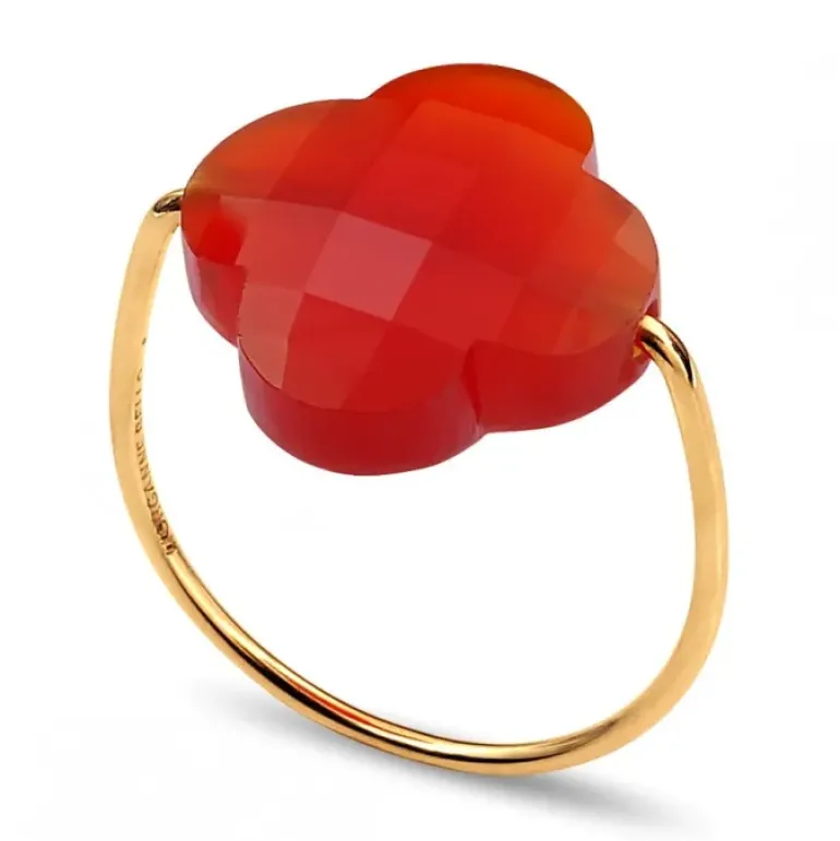 BAGUE OR JAUNE TREFLE CORNALINE