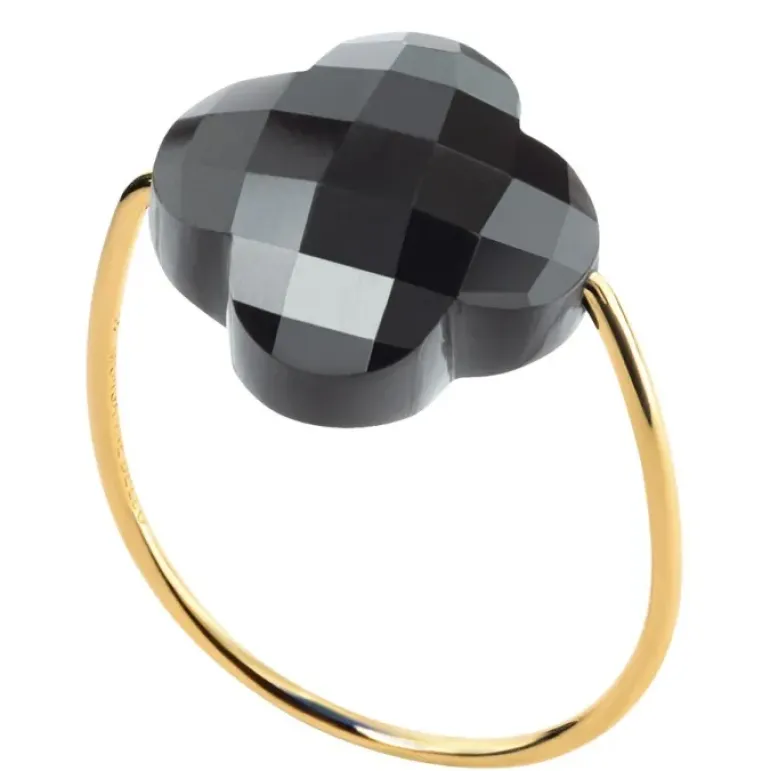 BAGUE OR JAUNE TREFLE HÉMATITE