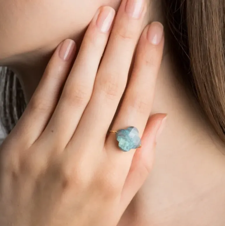 BAGUE OR JAUNE TREFLE LABRADORITE