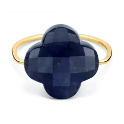 BAGUE OR JAUNE TREFLE LABRADORITE NOIRE