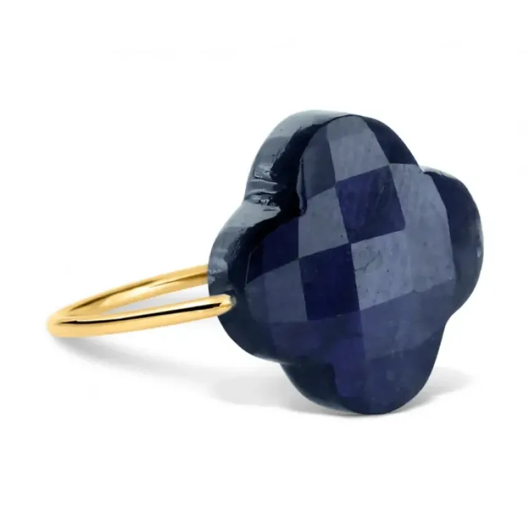 BAGUE OR JAUNE TREFLE LABRADORITE NOIRE