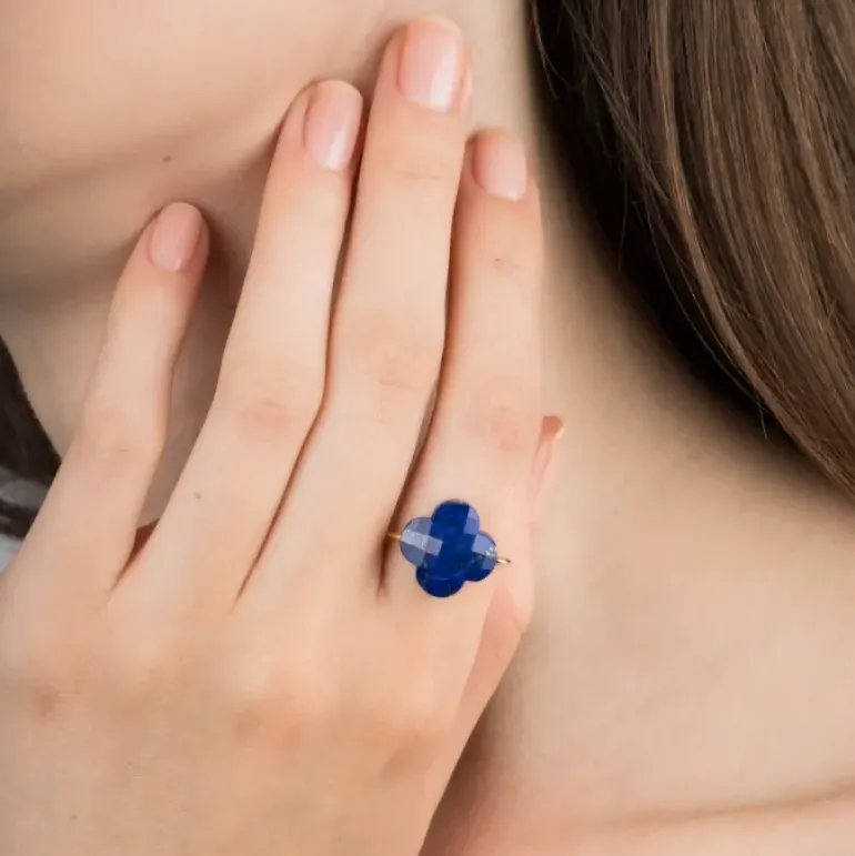 BAGUE OR JAUNE TREFLE LAPIS LAZULI