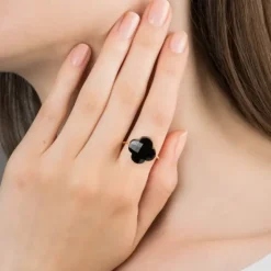 BAGUE OR JAUNE TREFLE ONYX