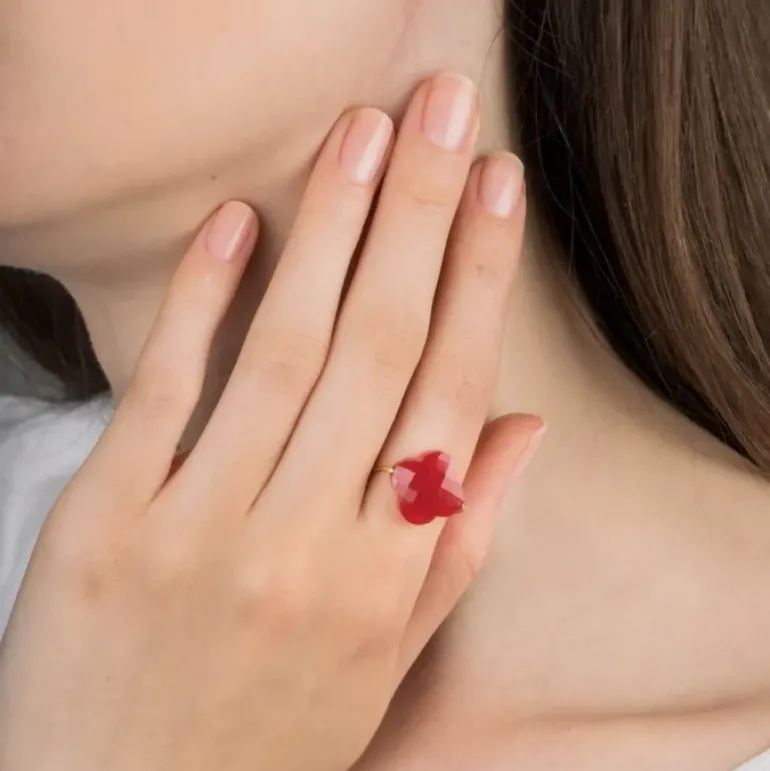 BAGUE OR JAUNE TREFLE QUARTZ ROUGE