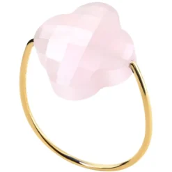 BAGUE OR JAUNE TREFLE QUARTZ ROSE POUDRE