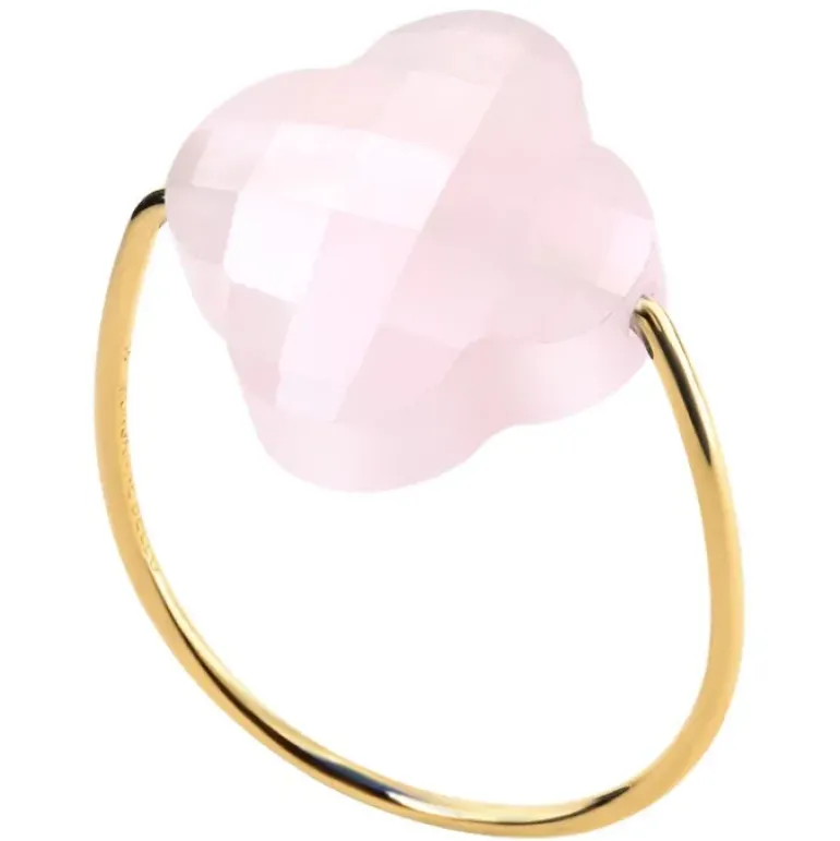 BAGUE OR JAUNE TREFLE QUARTZ ROSE POUDRE
