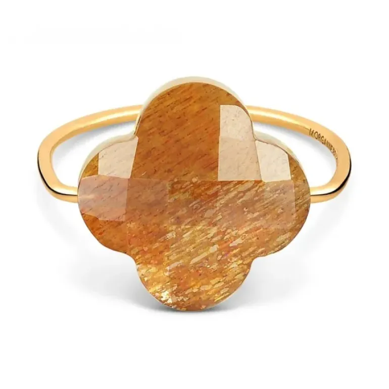 BAGUE OR JAUNE TRÈFLE PIERRE DE SOLEIL DORÉ