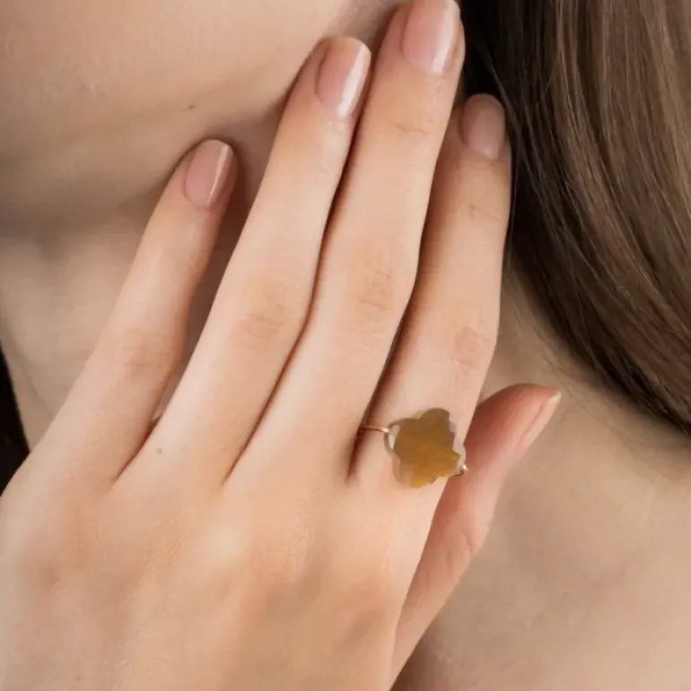 BAGUE OR JAUNE TRÈFLE PIERRE DE SOLEIL DORÉ