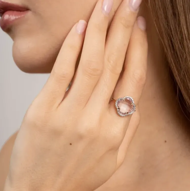 BAGUE VICTORIA DIAMANTS AMETHYSTE ROSE + DIAMANTS OR JAUNE