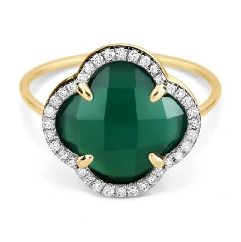 BAGUE VICTORIA DIAMANTS AGATE VERTE + DIAMANTS OR JAUNE