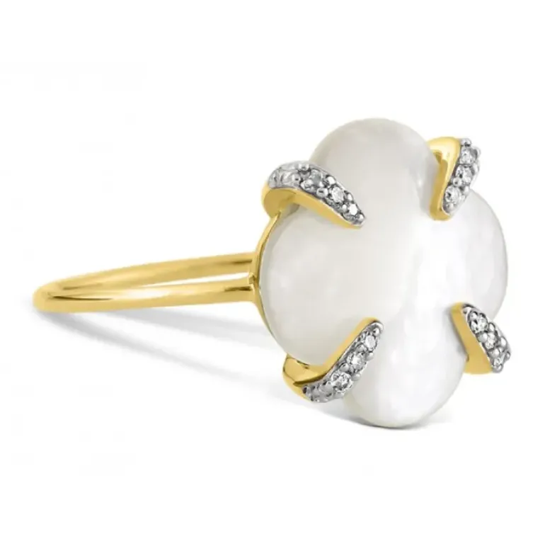 BAGUE VICTORIA LYS NACRE BLANCHE ET DIAMANTS OR JAUNE