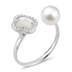 BAGUE VICTORIA PERLES ET NACRE BLANCHE + DIAMANTS OR BLANC