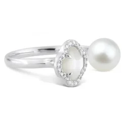 BAGUE VICTORIA PERLES ET NACRE BLANCHE + DIAMANTS OR BLANC